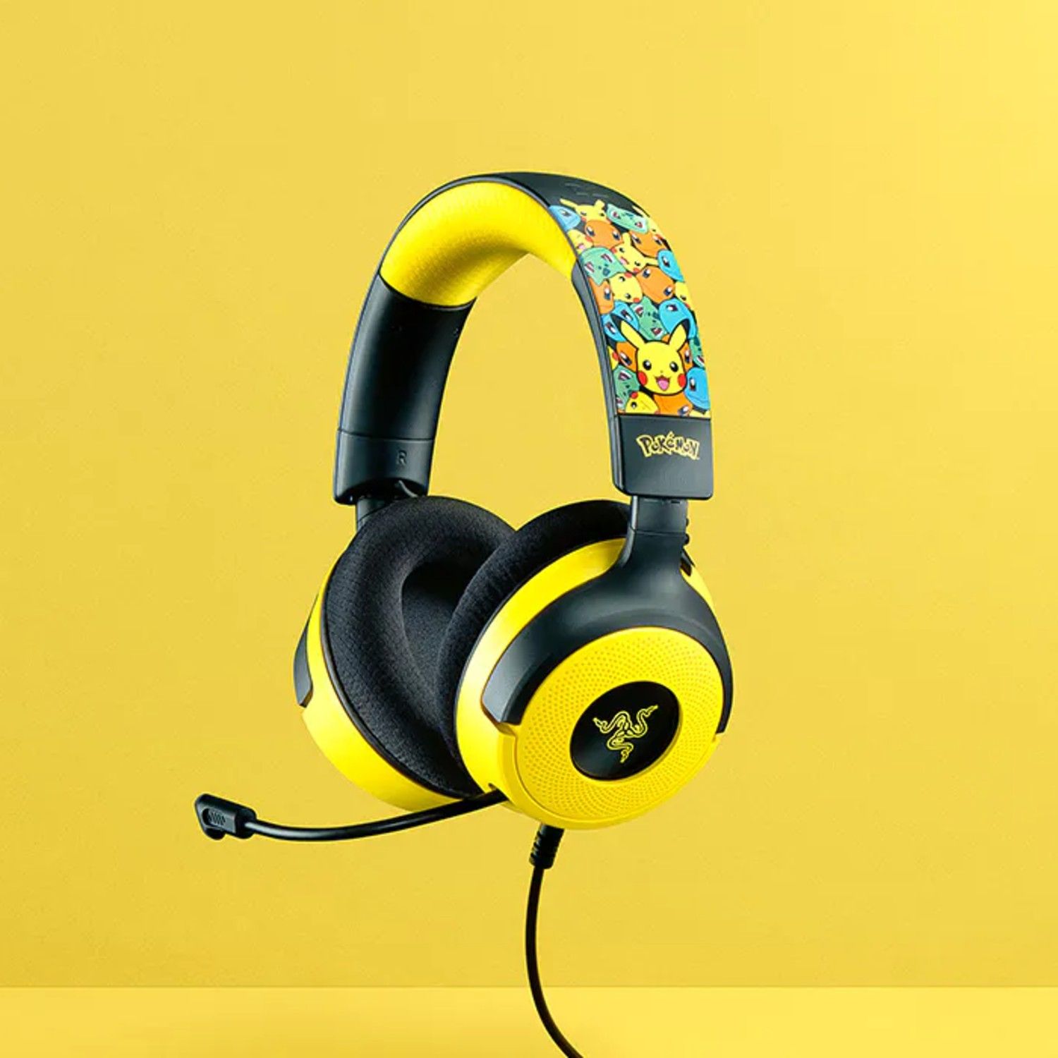 A Razer headset with a Pokemon design on a yellow background but squared