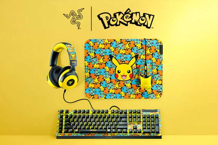 A Razer Keyboard, mouse and mousepad, and headset with Pokemon Designs on a yellow background
