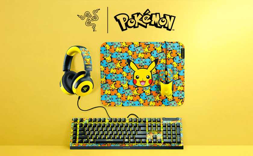 A Razer Keyboard, mouse and mousepad, and headset with Pokemon Designs on a yellow background