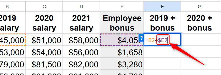 A reference to cell E2 in a Google Sheets formula is mixed, with the reference to column E absolute and the reference to row 2 relative.