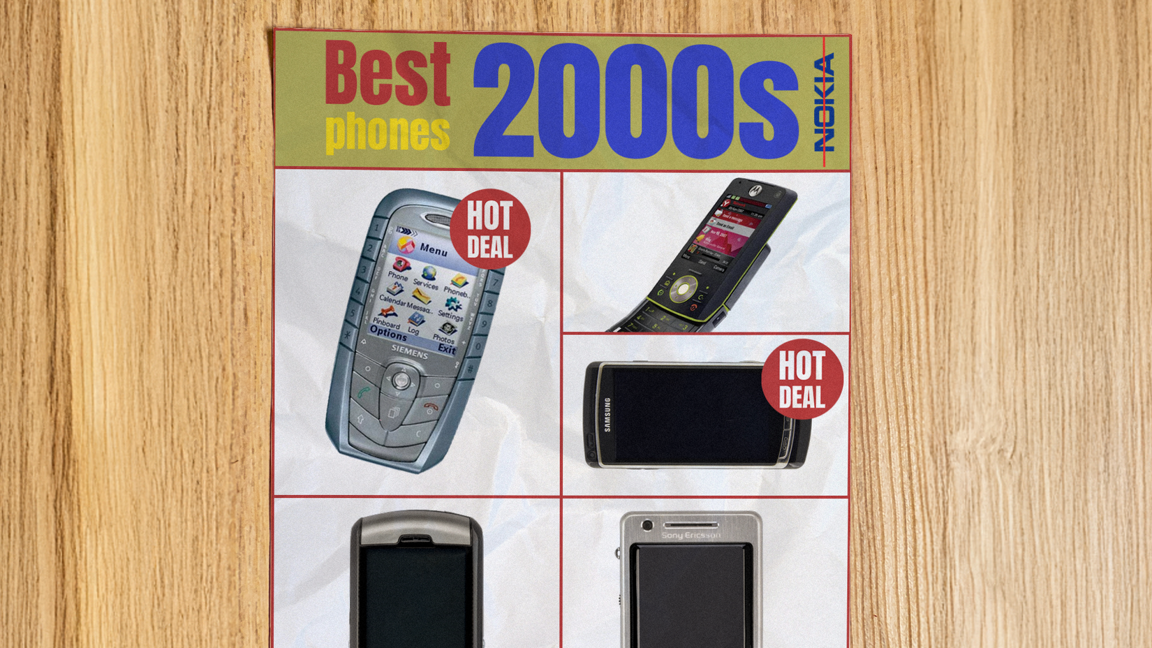A retro-style flyer titled 'Best 2000s Phones' with 'Nokia' crossed out and a grid of classic devices featured below.