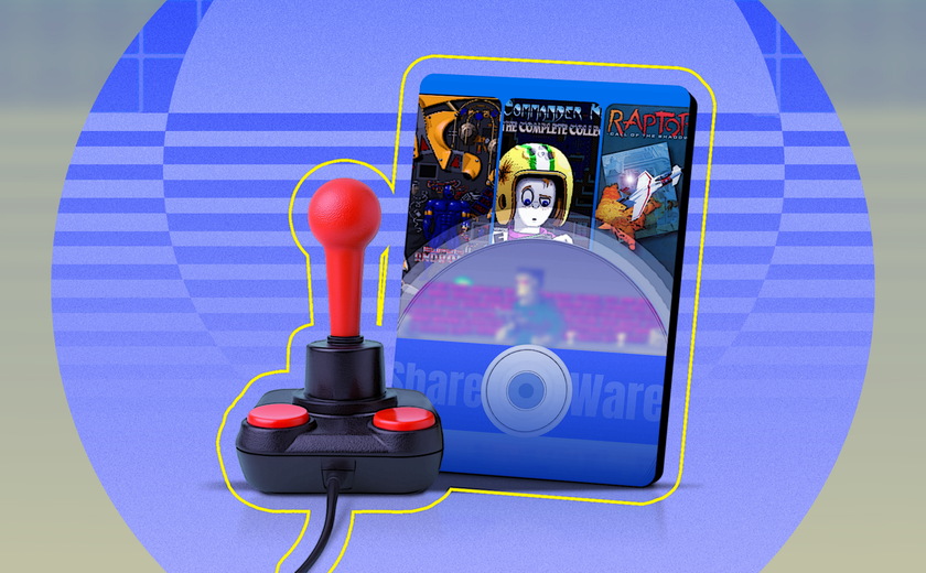 A retro-style joystick with red buttons next to a cover featuring a compilation of classic shareware games.