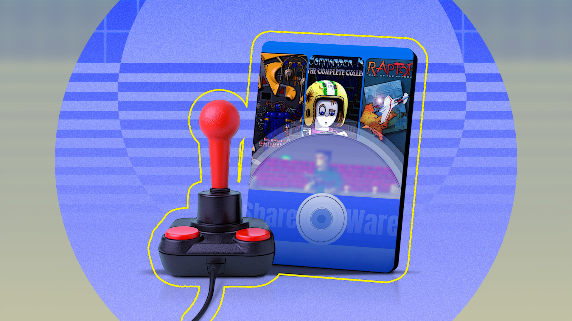 A retro-style joystick with red buttons next to a cover featuring a compilation of classic shareware games.
