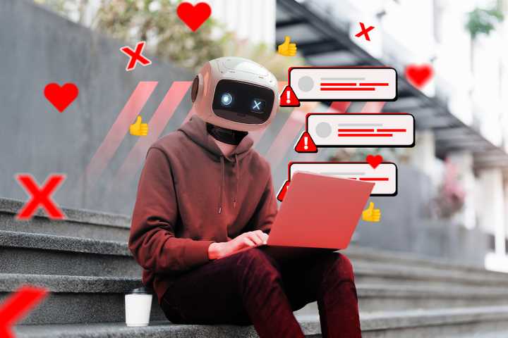 A robot using a laptop with social media emojis and alerts around it.