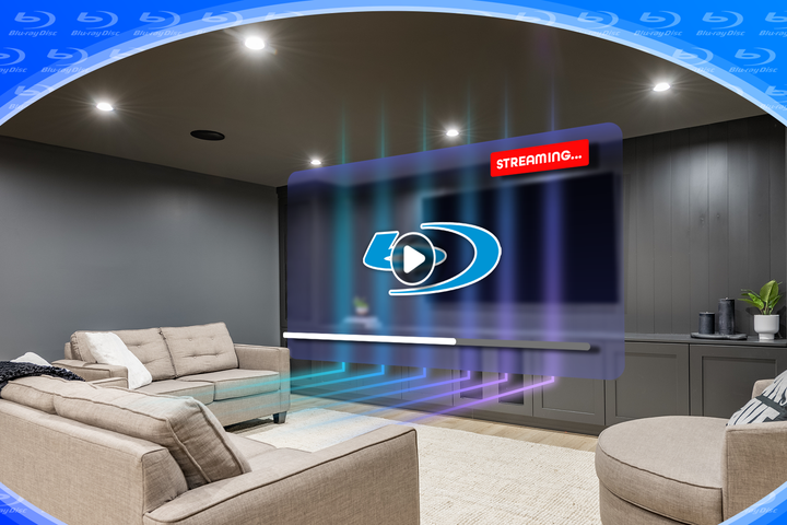A room with a TV and a video player with the Blu-ray icon in the center.