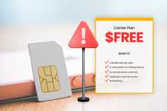 A SIM card next to a phone, a carrier plan, and a warning sign in the center.