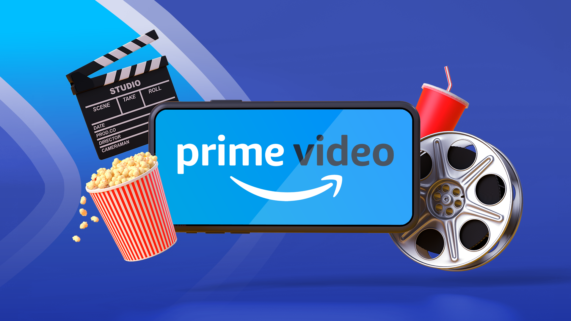 A smartphone displaying the Amazon Prime logo, surrounded by a popcorn bucket, a film reel, a clapperboard, and a drink cup.
