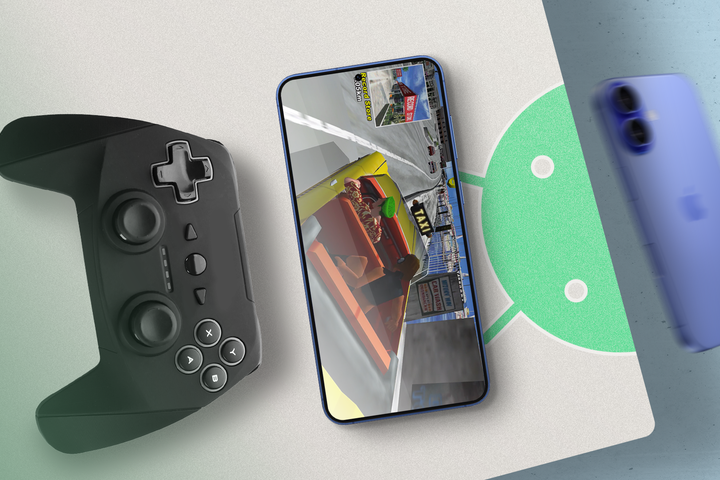 A smartphone running crazy taxi classic, placed over a large Android logo, with a black game controller on the left and a blurred purple iPhone on the right.-1