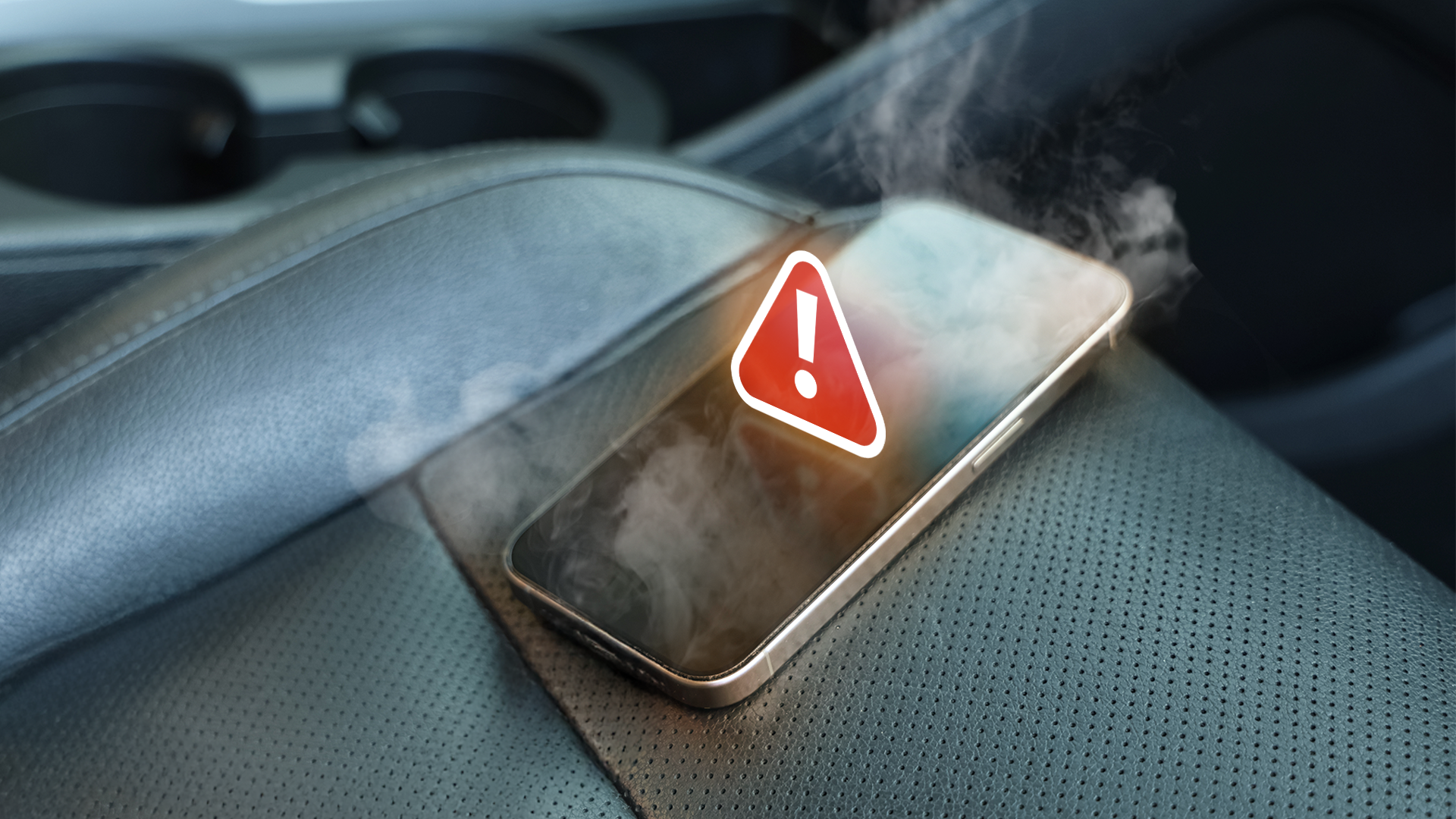 A smartphone sits on a car seat, overheating and emitting smoke, with a red warning icon floating above it.