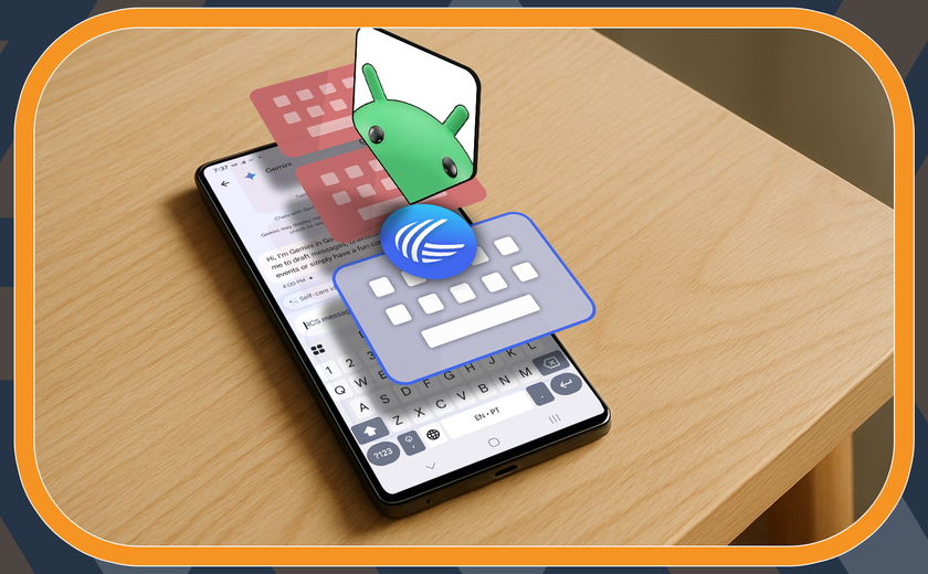 A smartphone with multiple keyboard icons floating above the screen and the Android mascot in the center.