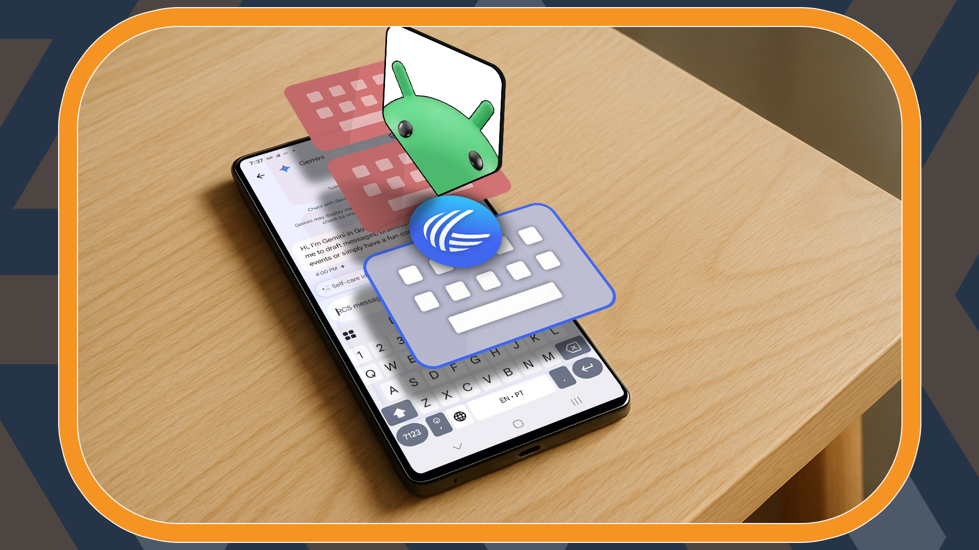A smartphone with multiple keyboard icons floating above the screen and the Android mascot in the center.
