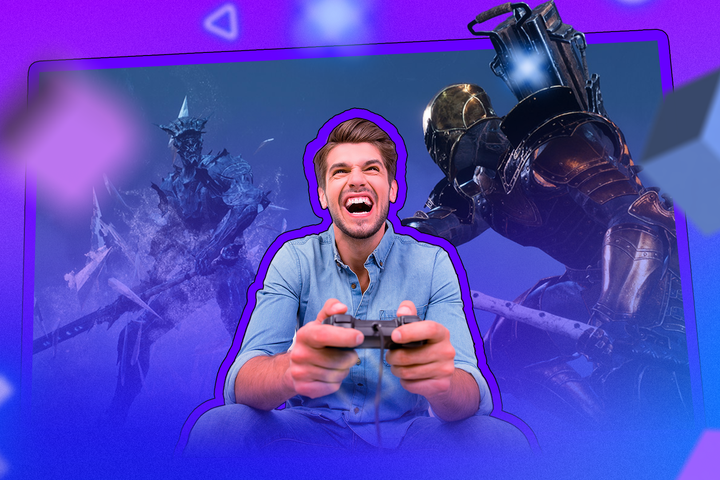A smiling man plays video games with a controller, while two game warriors fight on a screen behind him.