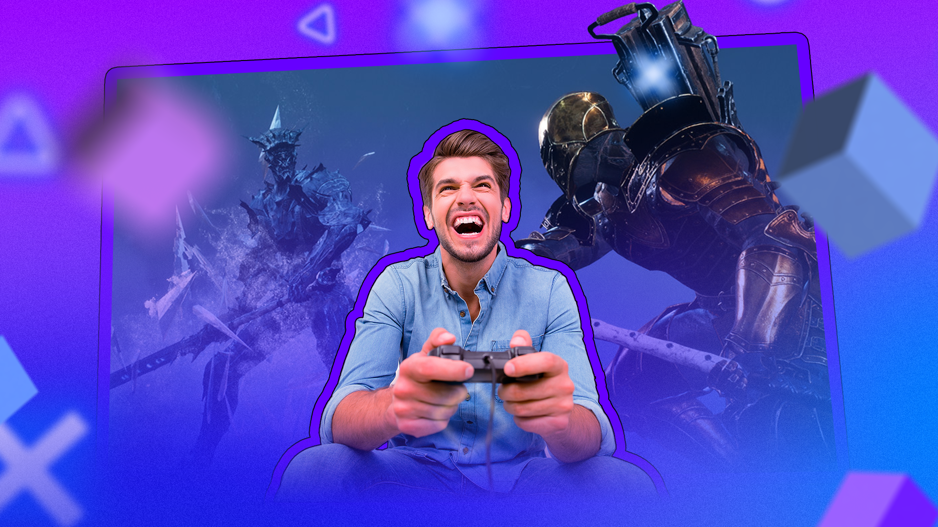 A smiling man plays video games with a controller, while two game warriors fight on a screen behind him.