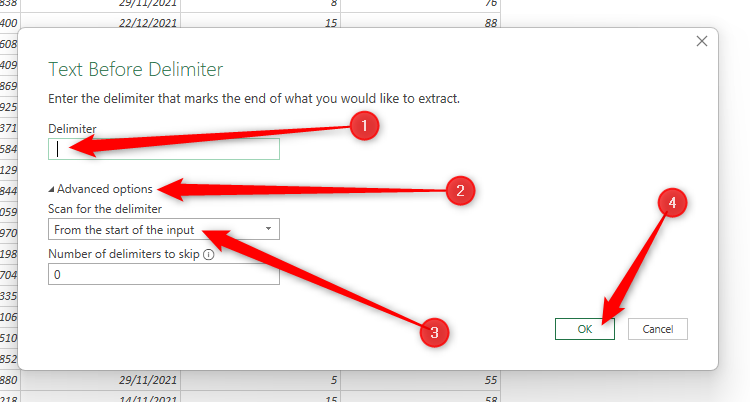 A space delimiter is added to the Text Before Delimiter dialog box in Excel's Power Query Editor, and From The Start Of The Input is selected in Advanced Options.
