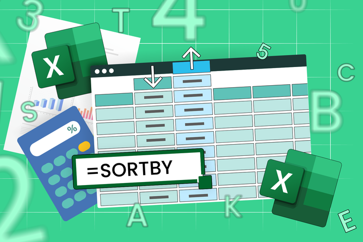A spreadsheet with two columns being sorted, a calculator, and the Excel logo beside it.