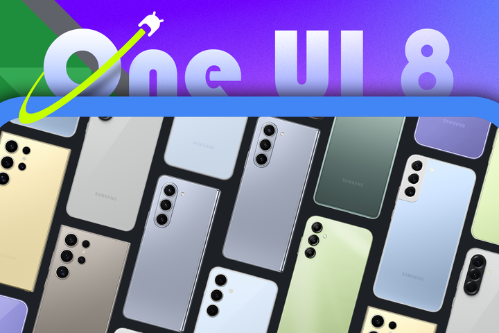 A stylized layout featuring the Android 16 logo, 'One UI 8' in the center, and several Samsung phones side by side.