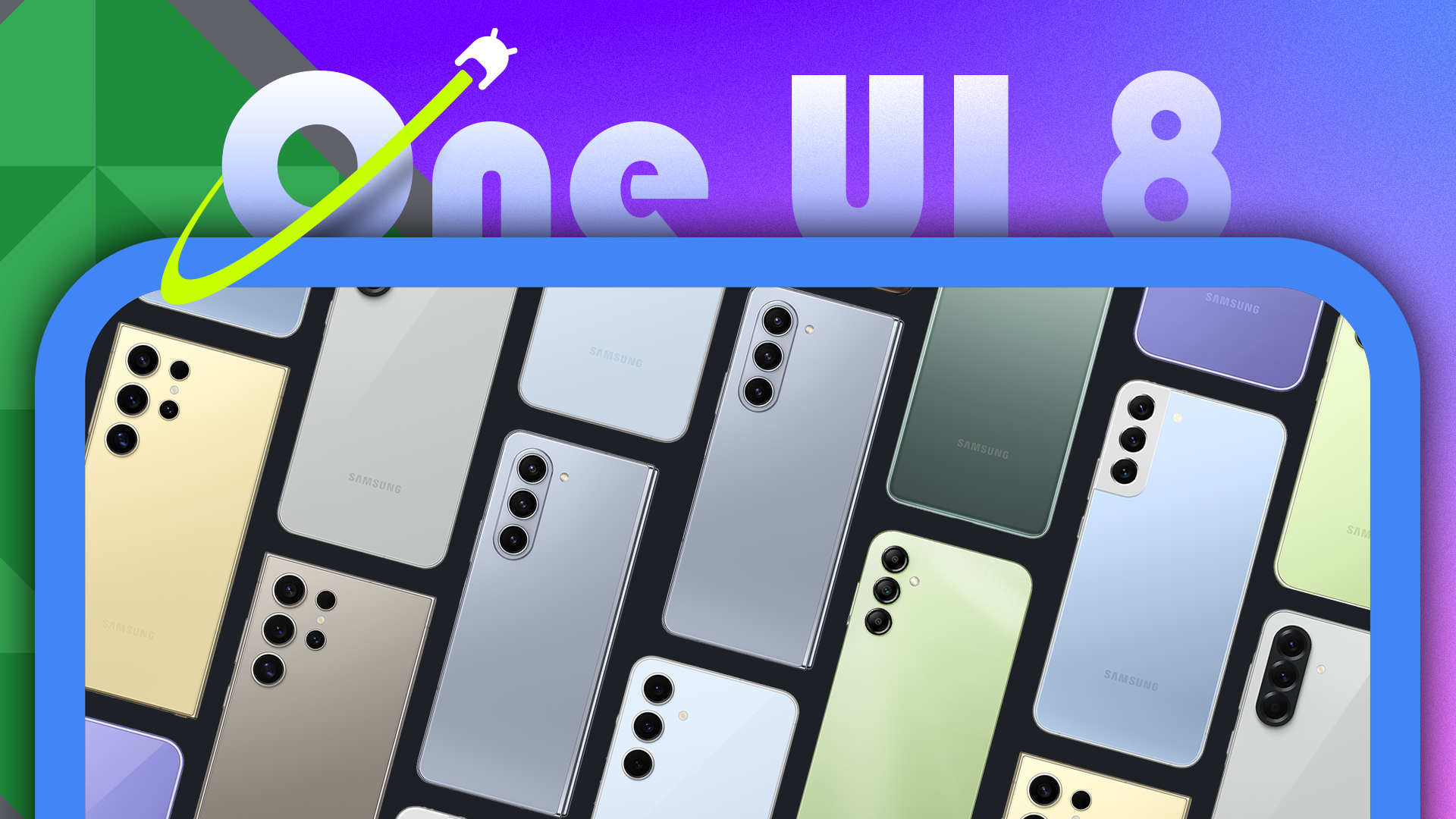 A stylized layout featuring the Android 16 logo, 'One UI 8' in the center, and several Samsung phones side by side.