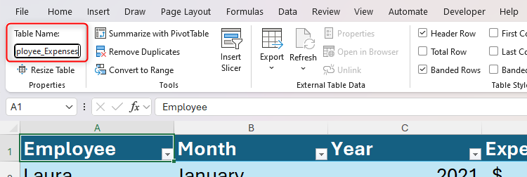 A table in Excel is renamed Employee_Expenses.