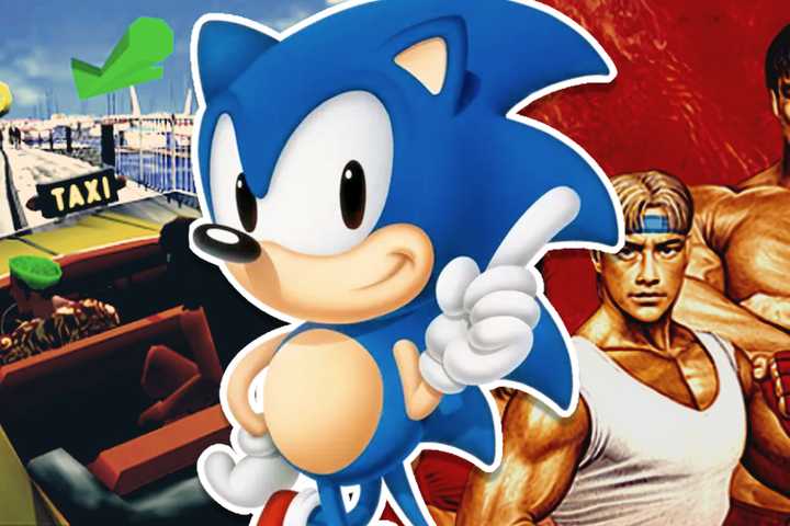 A taxi driver with a passenger from Crazy Taxi next to Sonic from Sonic the Hedgehog next to fighters from Streets of Rage.
