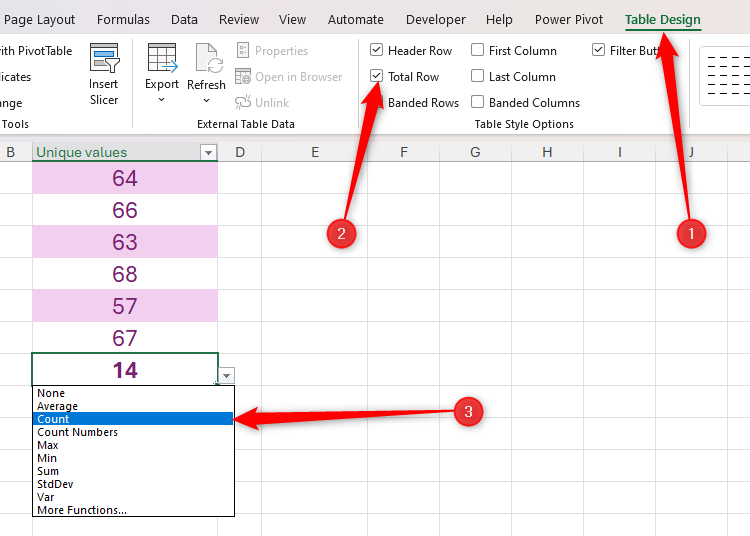 A total row is added to a table, and the Count aggregation option is selected.