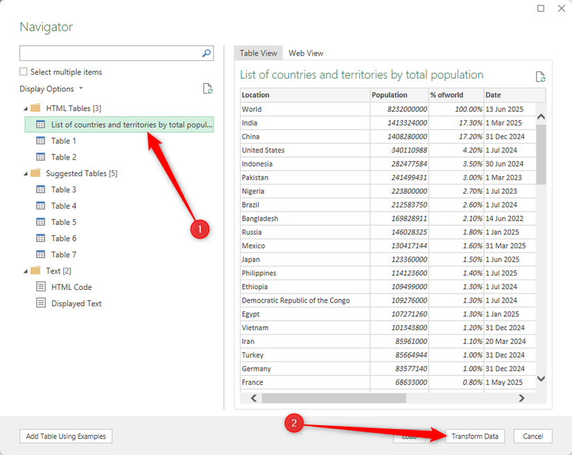 A web-based table is selected in Excel's Navigator dialog box, and Transform Data is selected at the bottom of the window.
