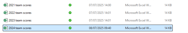 A Windows 11 folder containing four Excel workbooks, each named YEAR + Team Scores.