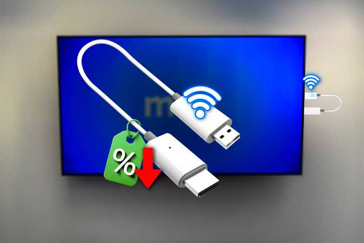 A Wireless HDMI Adapter with a discount tag and a tv in the background.