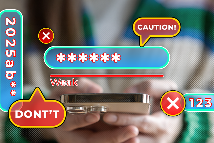A woman holding a smartphone, with passwords around and alerts indicating the password is weak.