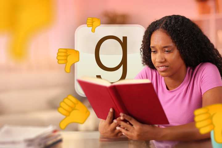 A woman reading a book with a disappointed expression, the Goodreads logo in the background, and several thumbs down emojis around.