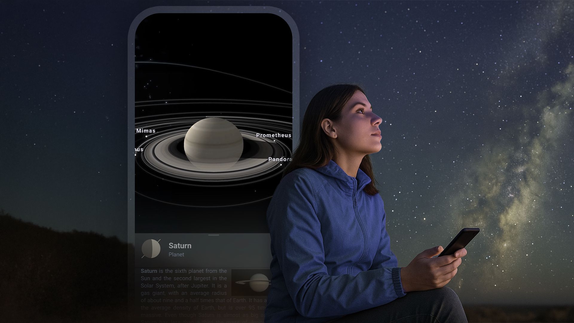 A woman stargazing while holding her smartphone, with a screenshot of an app displaying Saturn next to her.