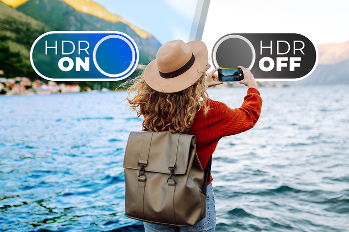 A woman taking a photo of a landscape with her phone, with a HDR toggle switch turned on and another turned off.