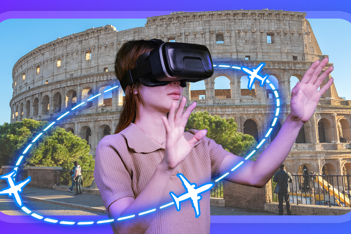 A woman wearing a VR headset interacts with the virtual environment, while the Colosseum appears in the background and airplane icons circle around her.
