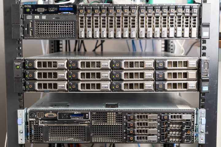 A cluster of rack-mounted enterprise-grade storage servers.