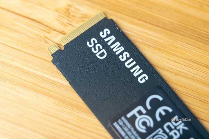 The Samsung logo on the back of the 9100 PRO NVMe SSD.