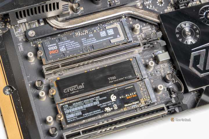 The Samsung 9100 PRO NVMe SSD installed in a motherboard with other M.2 drives.
