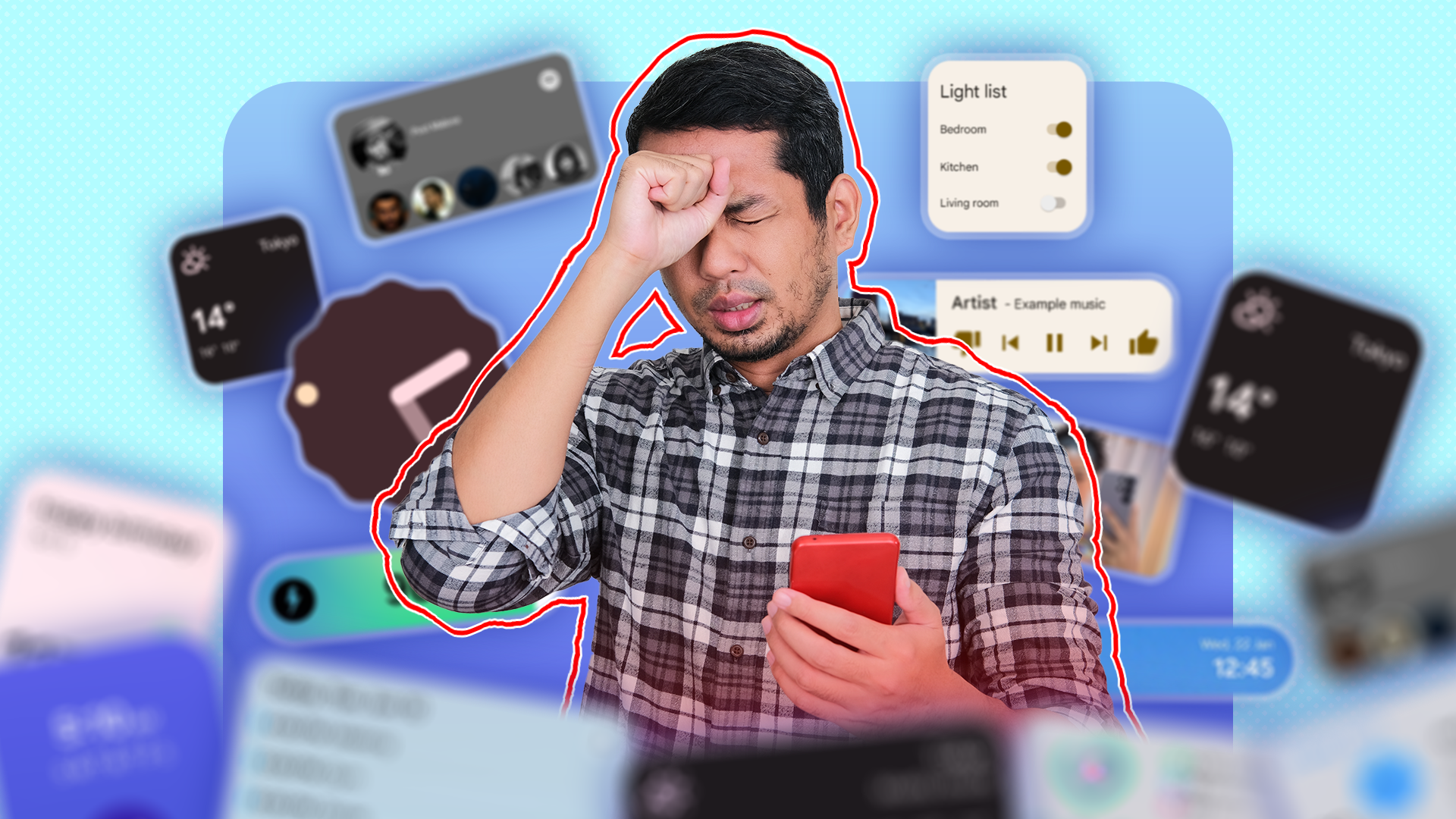 A frustrated man holding a smartphone with his hand on his forehead, surrounded by several floating smartphone widgets.
