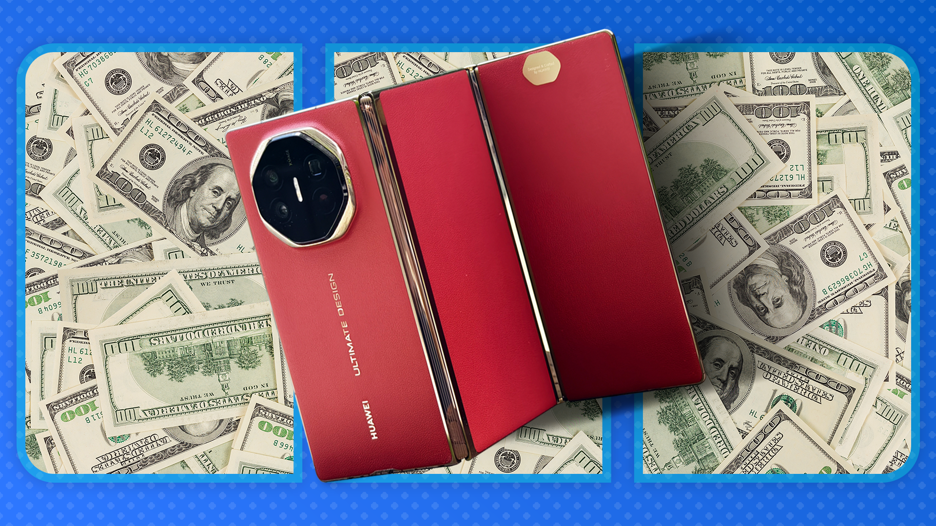 A red Huawei tri-fold smartphone, partially unfolded, lying on a background of scattered US dollar bills.