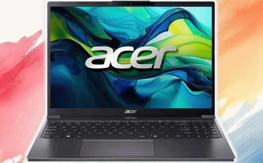 Acer Aspire Go 15 Laptop on a painted background.