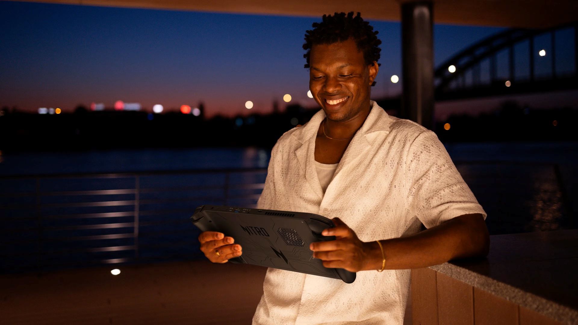 A man playing on the Acer Nitro Blaze 11.