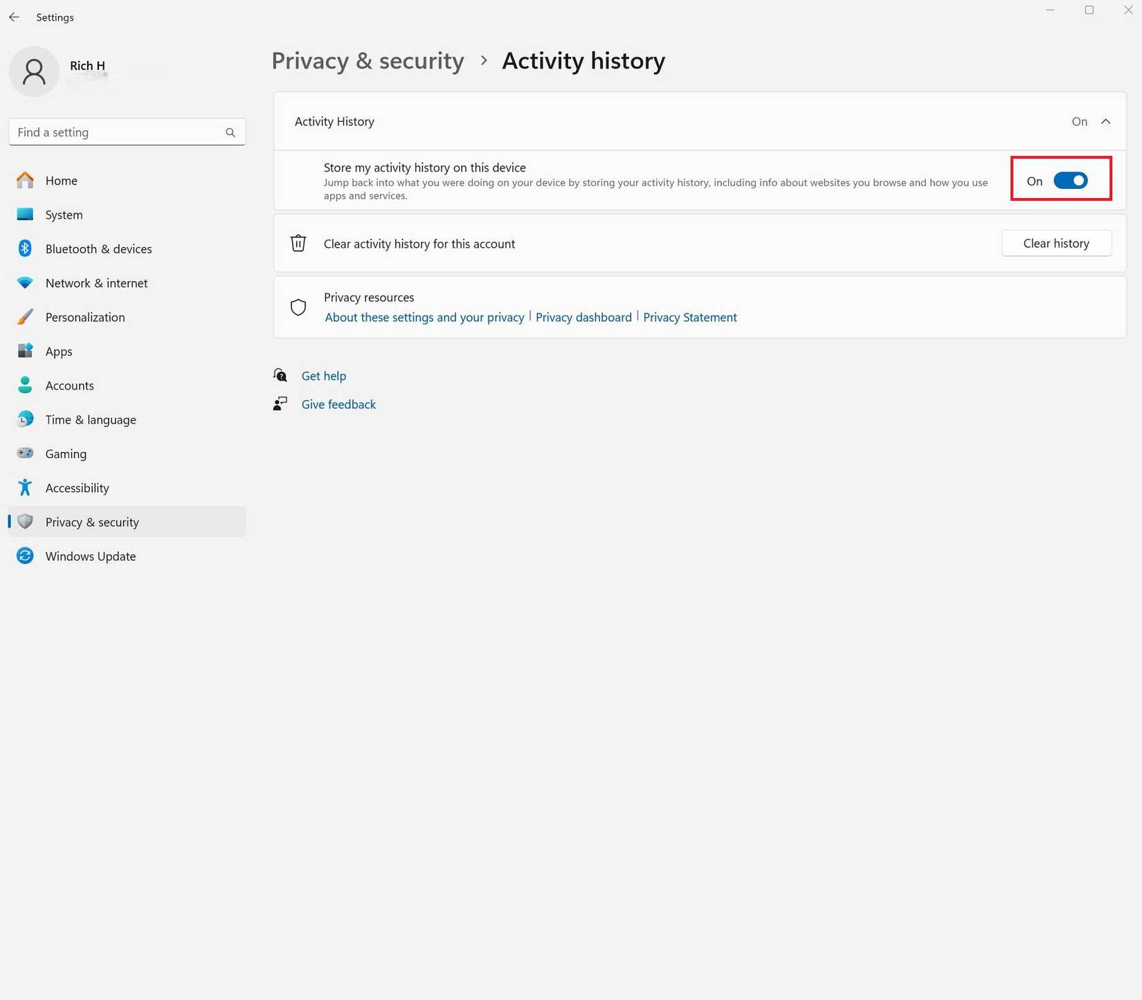 A screenshot of the activity history settings screen inside Windows 11.