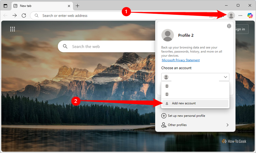 Select the person icon near the address bar, then select "Add New Account" from the drop-down menu. 
