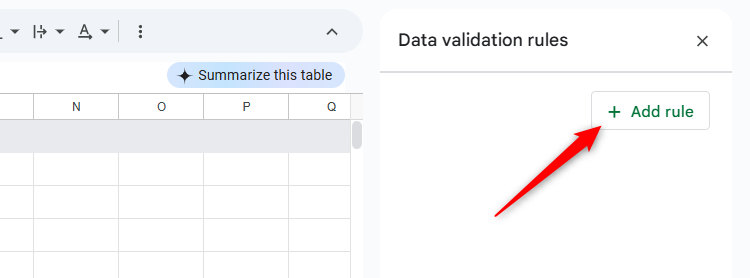 Add Rule is selected in the Google Sheets Data Validation Rules pane.