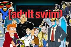 Adult Swim logo with various characters from its shows around it.
