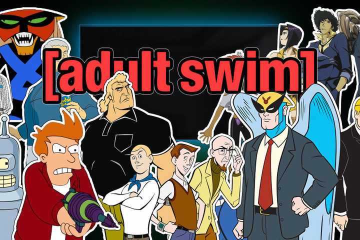 Adult Swim logo with various characters from its shows around it.