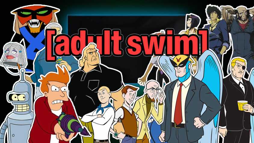 Adult Swim logo with various characters from its shows around it.