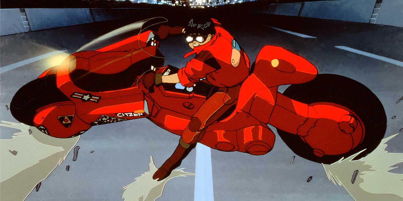 An anime character on a futuristic red motorcycle doing a powerslide.