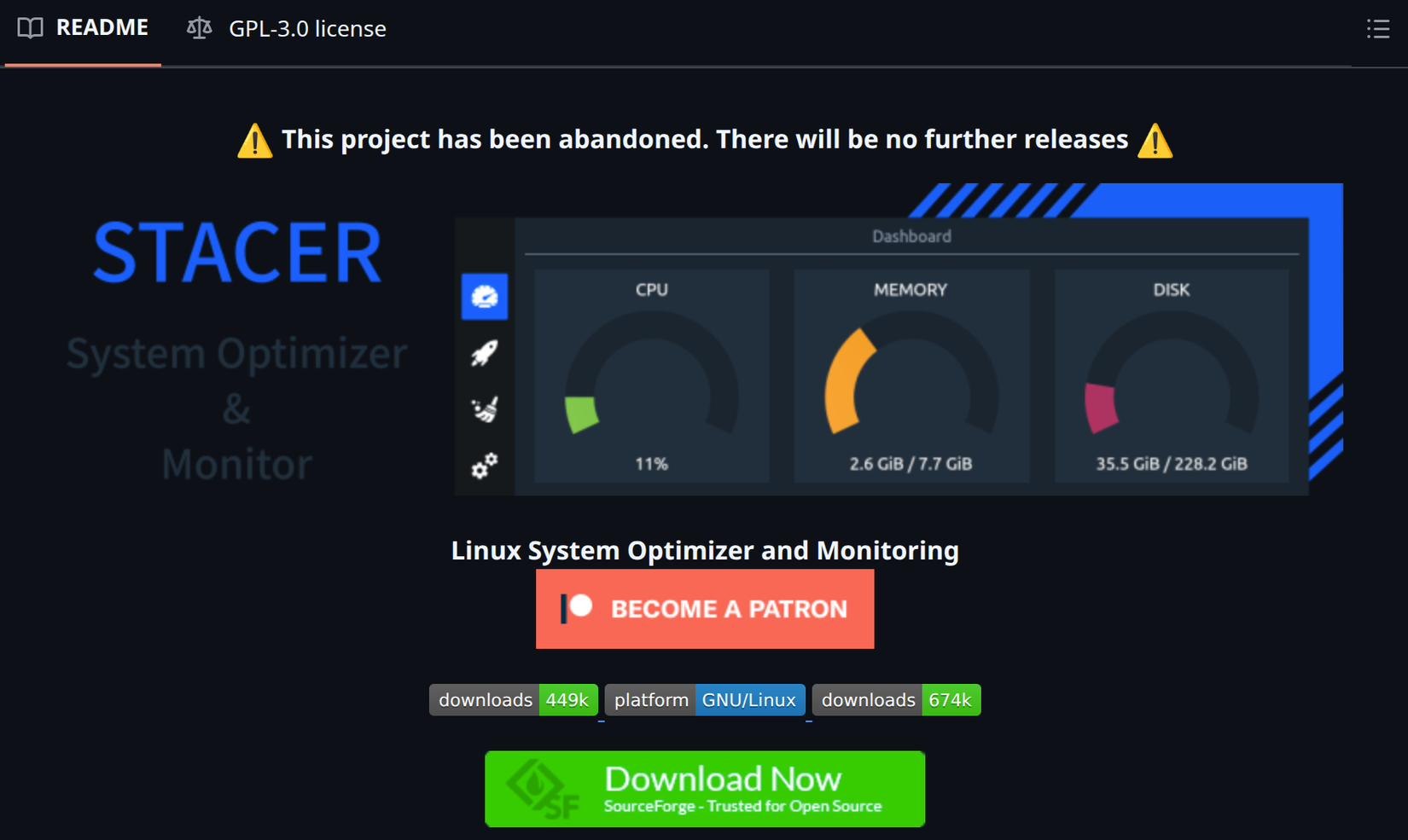Alert showing Stacer app is now abandoned.