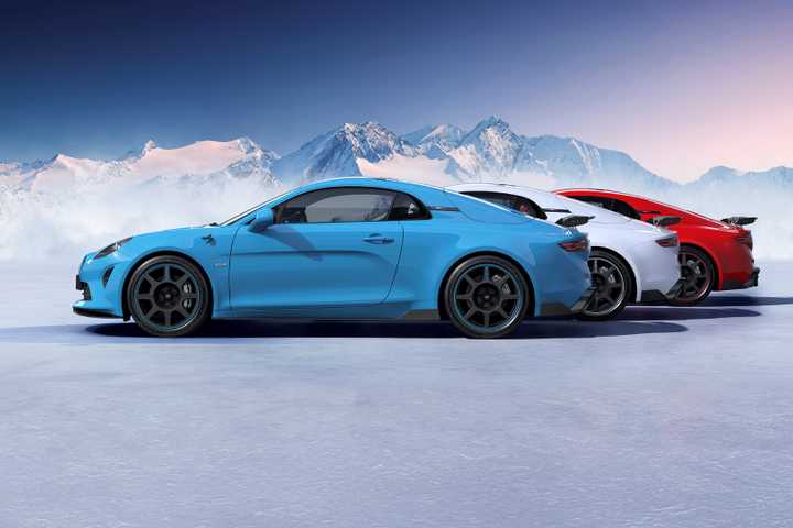 Side profile shot of three 2025 Alpine A110 R 70