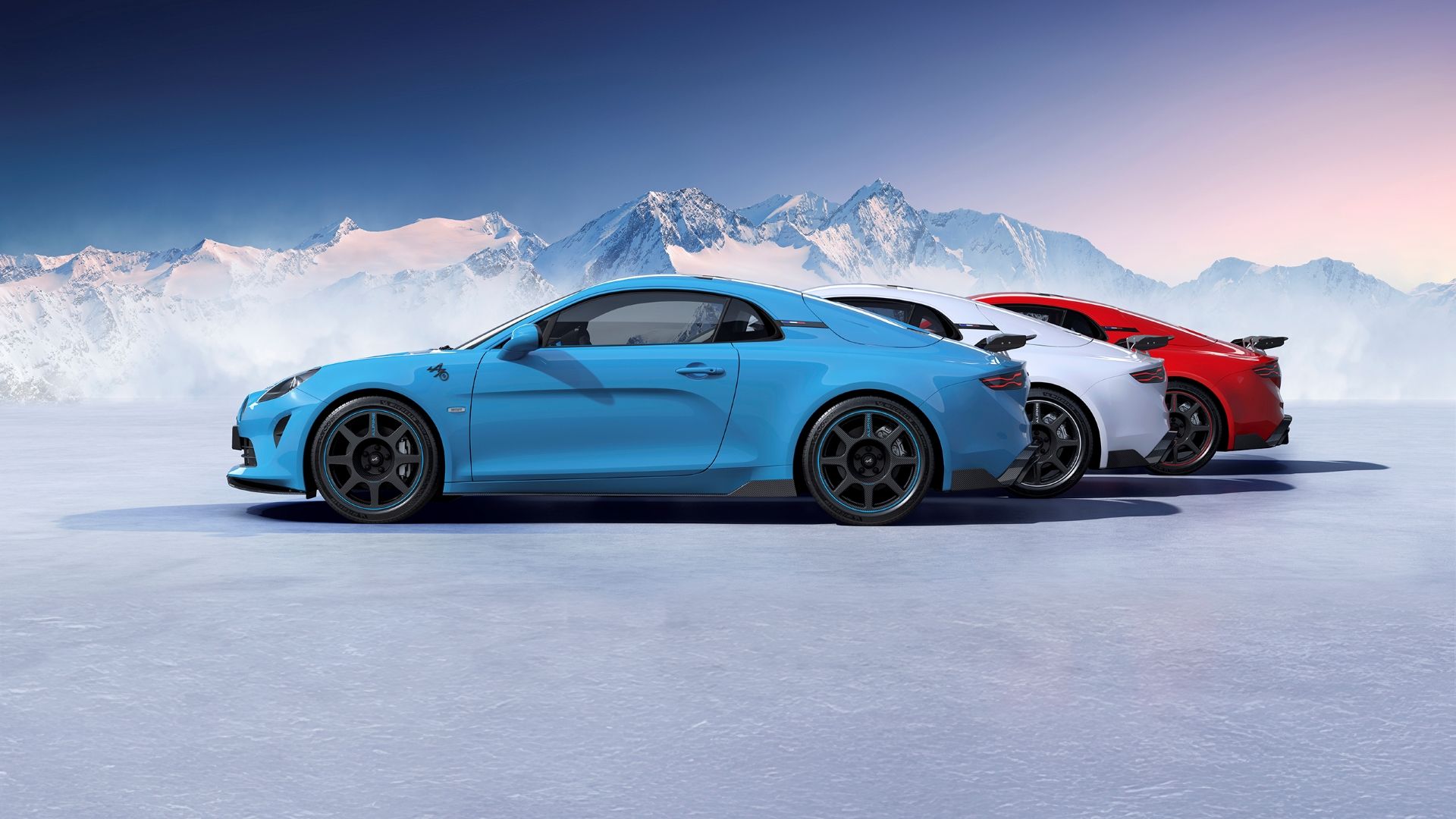 Side profile shot of three 2025 Alpine A110 R 70
