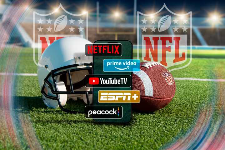 American football helmet and ball on a field with a phone in front and the logos of some streaming services.